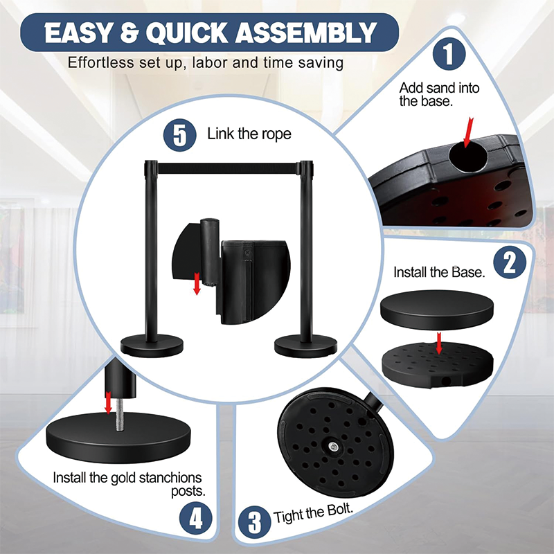 6PCS Stanchion Set, Black Crowd Control Stanchion with 6.6 ft/2 m Black Retractable Belt, for hotels, casinos, red carpet events, ticket offices etc