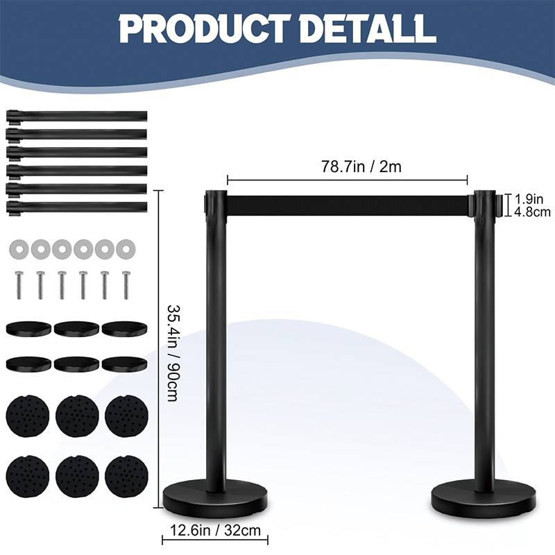 6PCS Stanchion Set, Black Crowd Control Stanchion with 6.6 ft/2 m Black Retractable Belt, for hotels, casinos, red carpet events, ticket offices etc