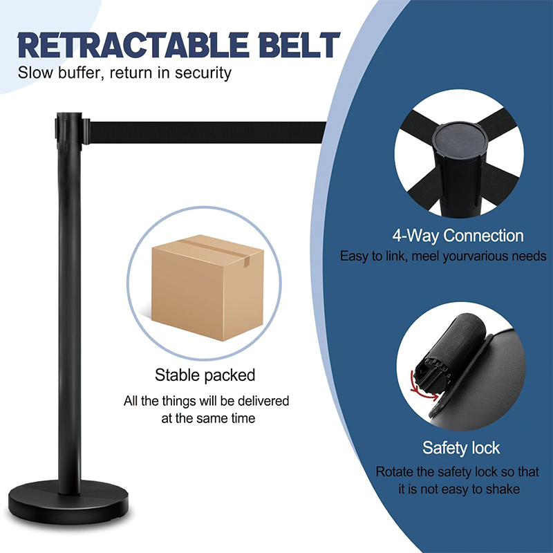 6PCS Stanchion Set, Black Crowd Control Stanchion with 6.6 ft/2 m Black Retractable Belt, for hotels, casinos, red carpet events, ticket offices etc