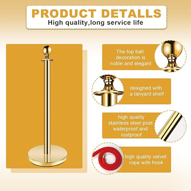 Stainlsse Steel Stanchion Post,5 FT Red Carpet Ropes, Stainless Steel Gold Stanchion with Ball Top, Red Crowd Control Barrier Used for Theaters, Party, Wedding, Exhibition, Ticket Offices 2 Pack Sets