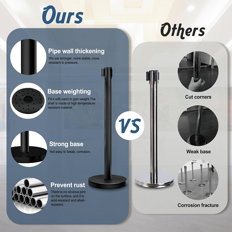 6PCS Stanchion Set, Black Crowd Control Stanchion with 6.6 ft/2 m Black Retractable Belt, for hotels, casinos, red carpet events, ticket offices etc