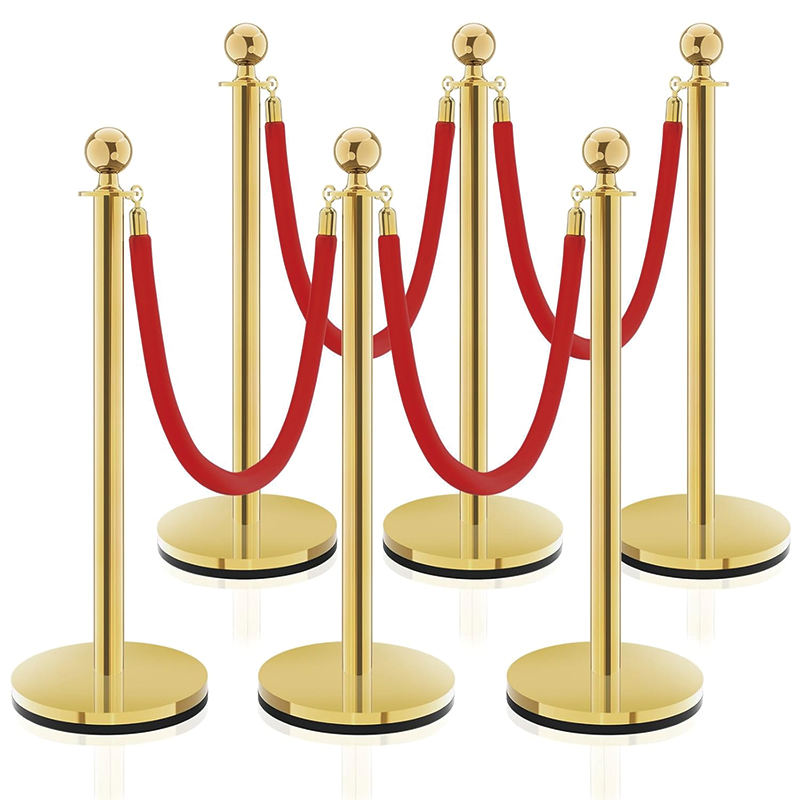 6PCS Gold Stanchion Post, 5 ft Red Velvet Rope Red Carpet Ropes Stainless Steel Gold Stanchions for Theaters, Parties, Wedding, Exhibition