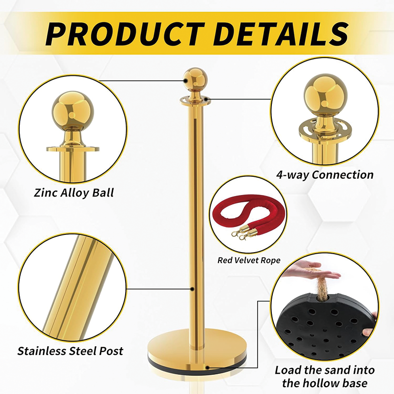 6PCS Gold Stanchion Post, 5 ft Red Velvet Rope Red Carpet Ropes Stainless Steel Gold Stanchions for Theaters, Parties, Wedding, Exhibition