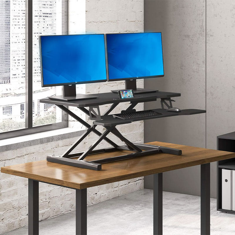 Height Adjustable Standing Desk, Standing Desk Desktop Workstation For Laptop Dual Monitor Stand Black