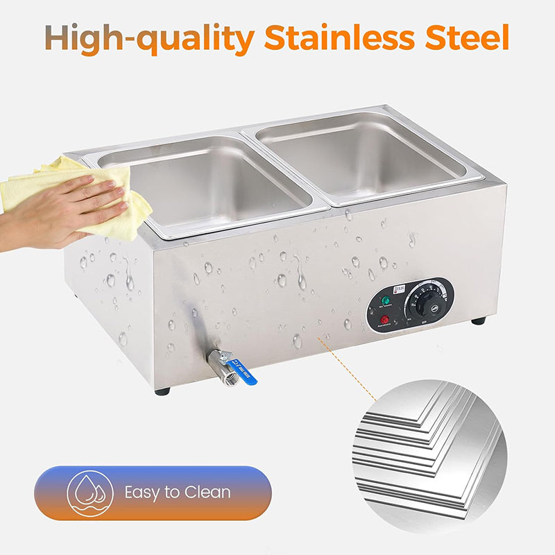 2-Pan 23Qt Stainless Steel Food Warmer 1200W Electric Steam Table Commercial Food Warmer Buffet for Parties Catering and Restaurants