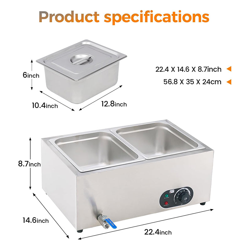 2-Pan 23Qt Stainless Steel Food Warmer 1200W Electric Steam Table Commercial Food Warmer Buffet for Parties Catering and Restaurants