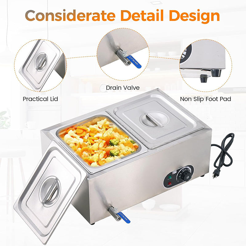2-Pan 23Qt Stainless Steel Food Warmer 1200W Electric Steam Table Commercial Food Warmer Buffet for Parties Catering and Restaurants