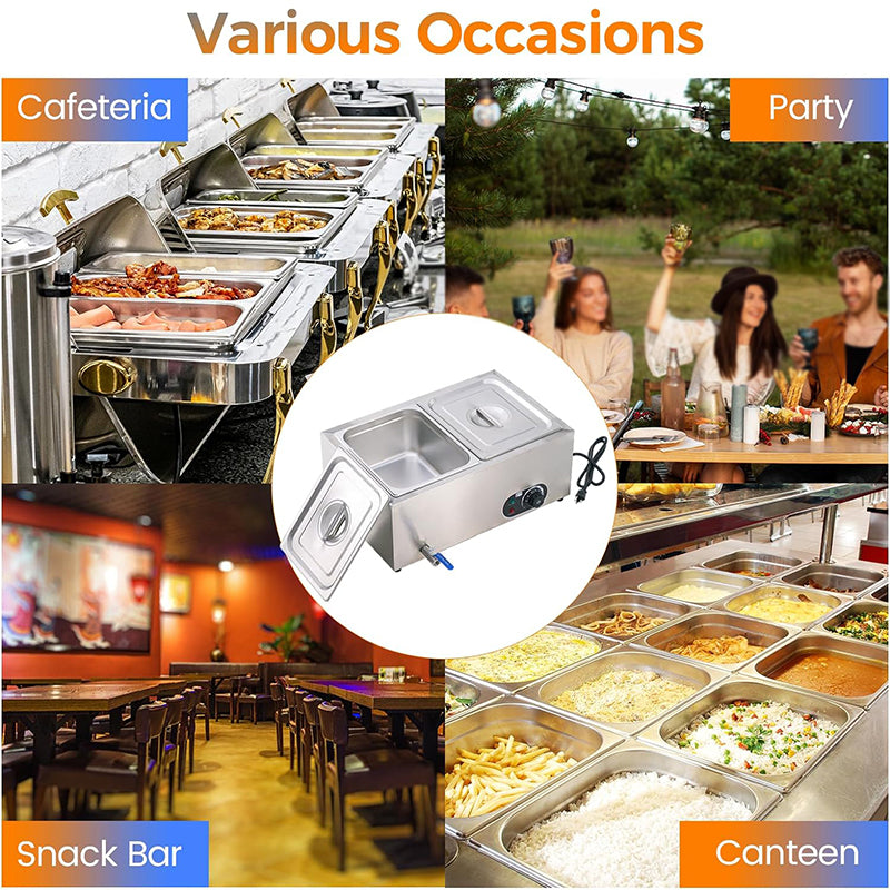 2-Pan 23Qt Stainless Steel Food Warmer 1200W Electric Steam Table Commercial Food Warmer Buffet for Parties Catering and Restaurants