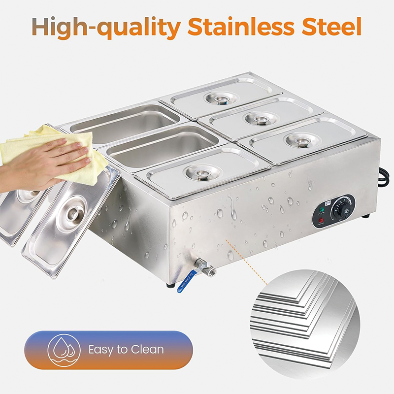 6-Pan Commercial Food Warmer, 1200W Stainless Steel Electric Steam Table for Catering and Restaurants