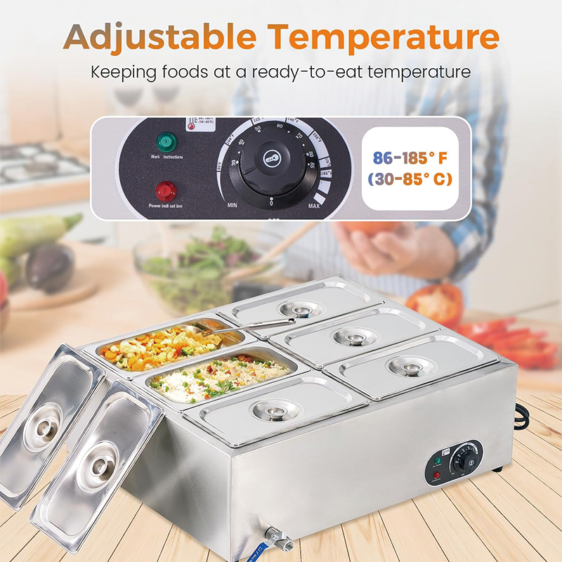 6-Pan Commercial Food Warmer, 1200W Stainless Steel Electric Steam Table for Catering and Restaurants
