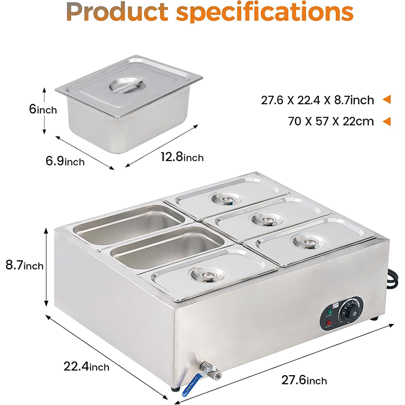 6-Pan Commercial Food Warmer, 1200W Stainless Steel Electric Steam Table for Catering and Restaurants
