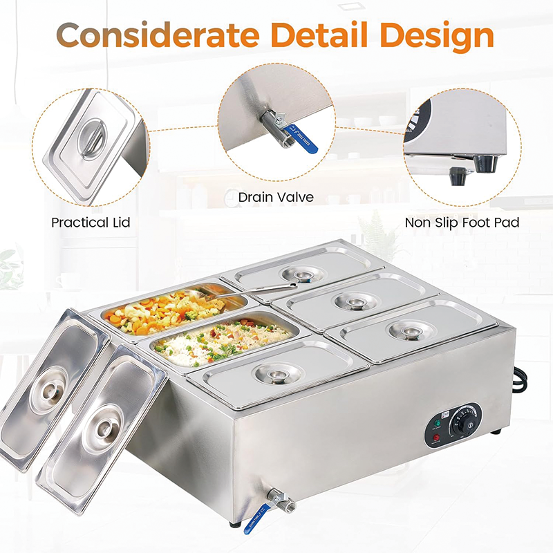 6-Pan Commercial Food Warmer, 1200W Stainless Steel Electric Steam Table for Catering and Restaurants
