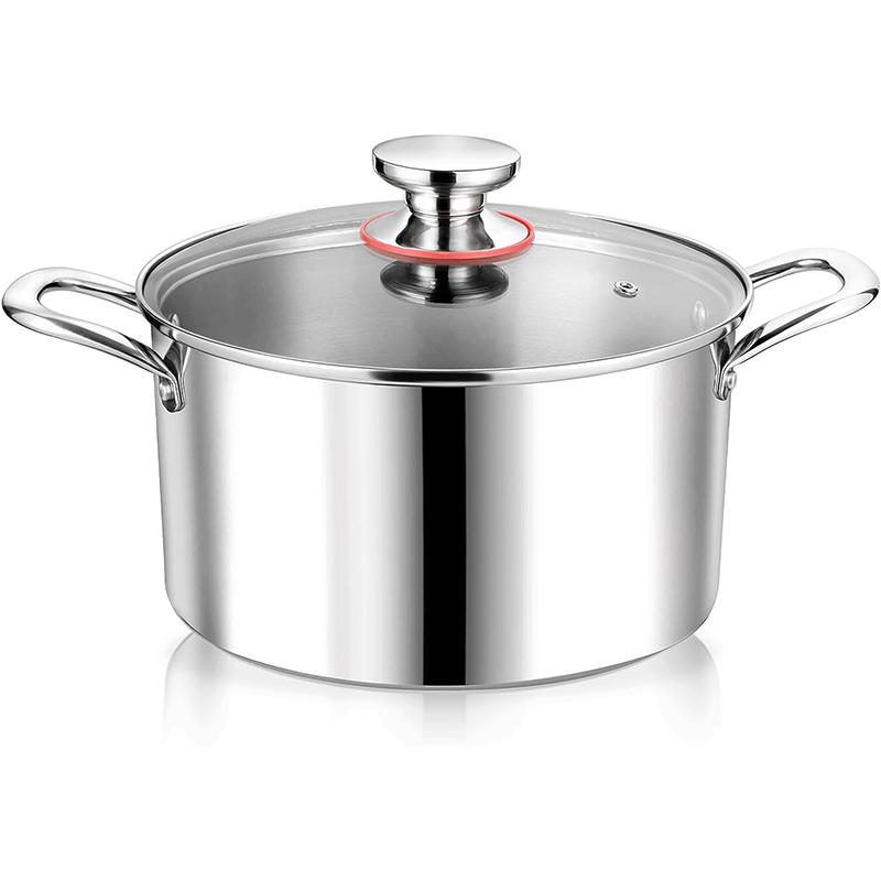 Stock Pots 4-quart stockpot with lid, stainless steel three-layer cooking noodle soup pot, suitable for gas/induction/electric stove, with glass lid and two handles, heavy-duty and dishwasher-safe