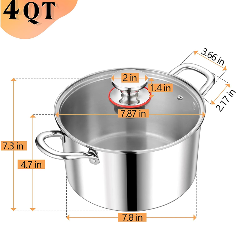 Stock Pots 4-quart stockpot with lid, stainless steel three-layer cooking noodle soup pot, suitable for gas/induction/electric stove, with glass lid and two handles, heavy-duty and dishwasher-safe