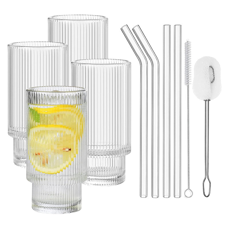 12 oz Ribbed Glassware Drinking Glasses with Straws Set of 4, Iced Coffee Cups Glass Tumbler for Cocktail, Whiskey, Beer, Water