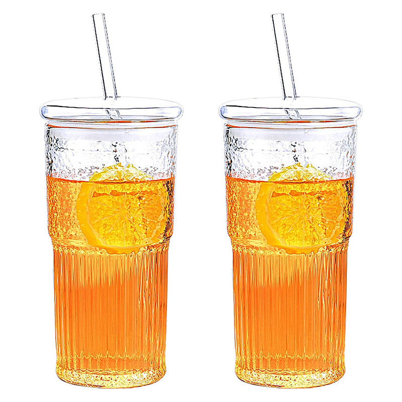 20 oz Glass Tumblers with Lids Smoothie Cup 2-Piece Set, Glass Cups Straw Cup for Water Smoothies Juice Iced Tea Drinks