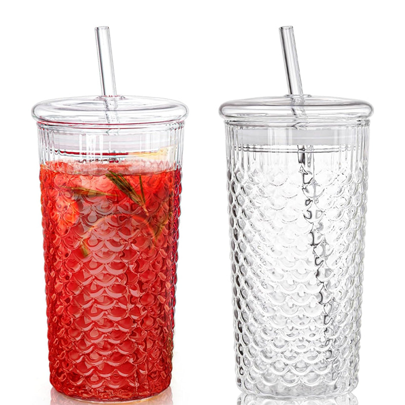 25 OZ 2 Pack Glass Tumbler Cup With Lids and Straws Embossed Fish Scale Glass Travel Mug for Smoothie Bubble Tea Juice Milk Water