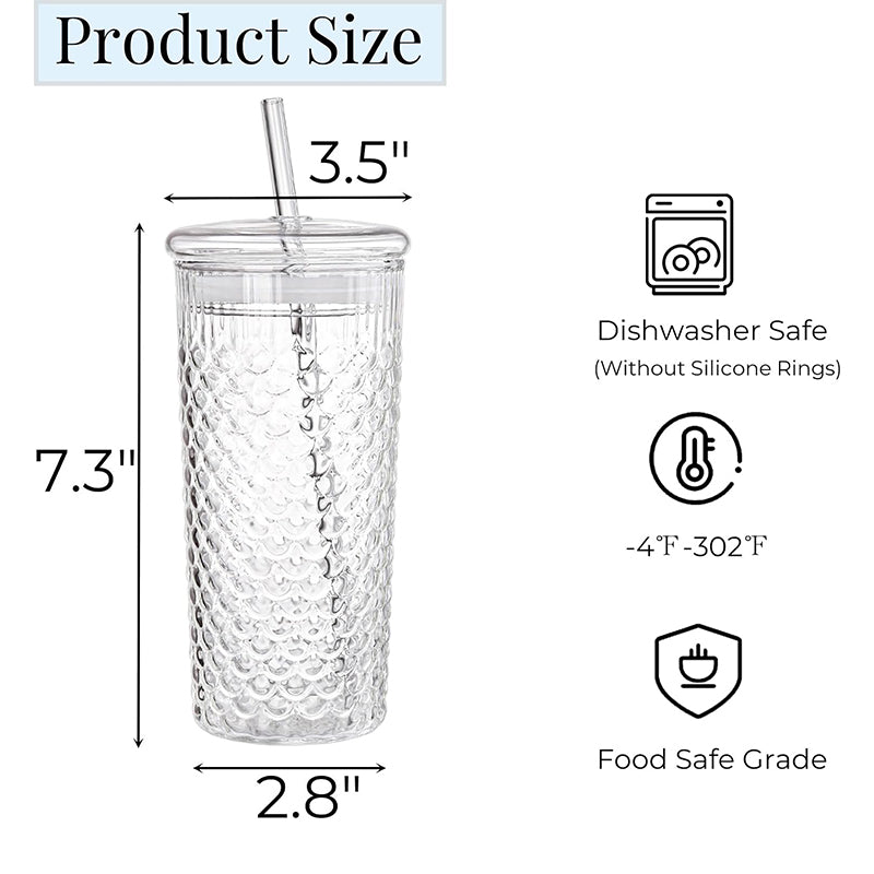 25 OZ 2 Pack Glass Tumbler Cup With Lids and Straws Embossed Fish Scale Glass Travel Mug for Smoothie Bubble Tea Juice Milk Water