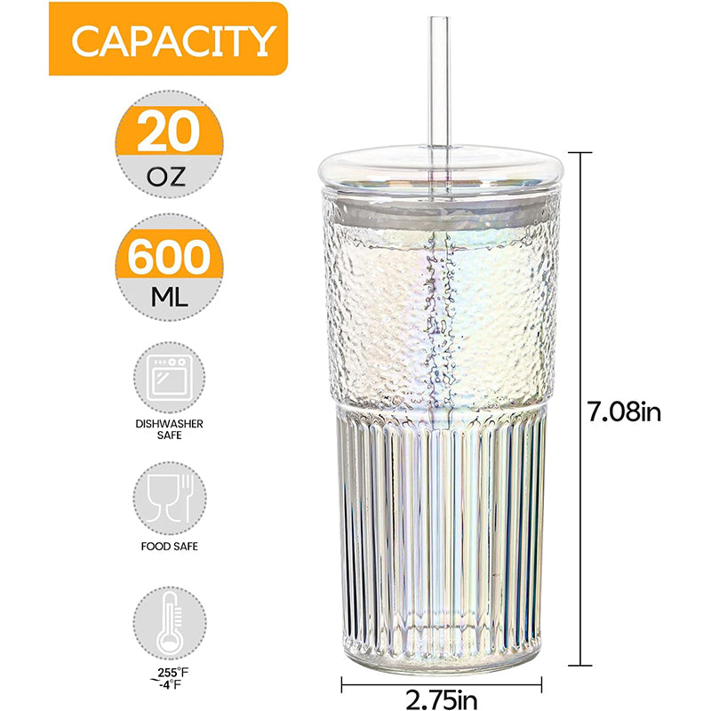 20oz Rainbow Iced Coffee Water Tumbler Straw Cup High Borosilicate Smoothie Glass Cups With Lids and Glass Straws