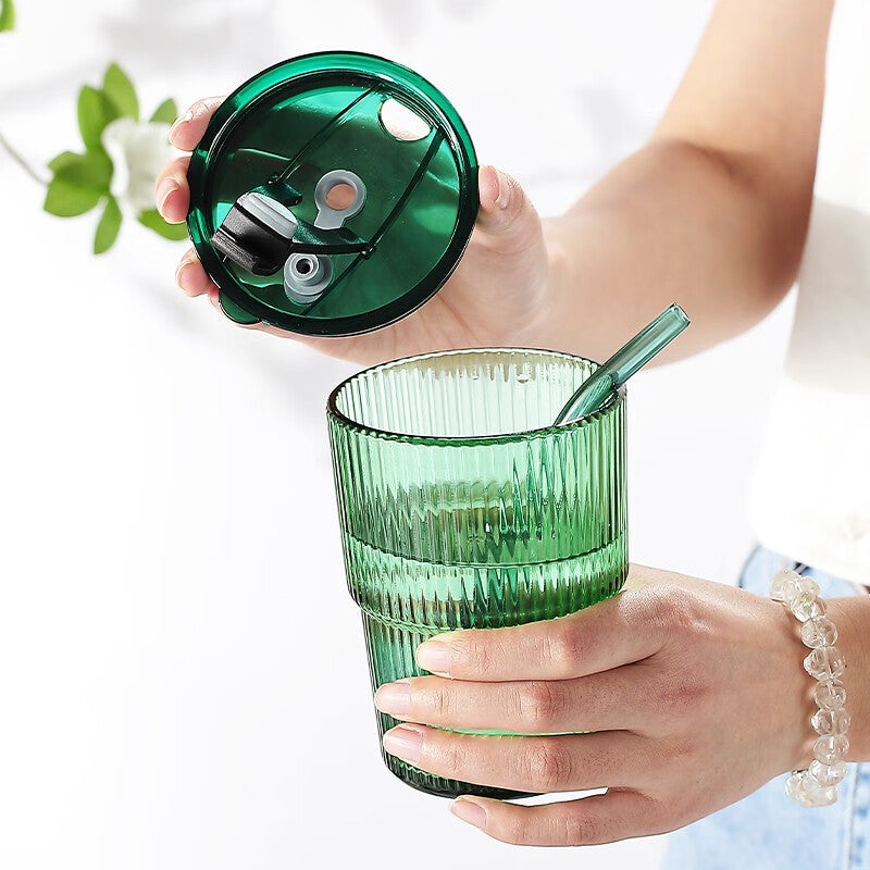 Water Cup Straw Cup Glass Cup With Lid Juice Drink Milk Tea Cup, Office 2 Pieces-Emerald Green-410ml