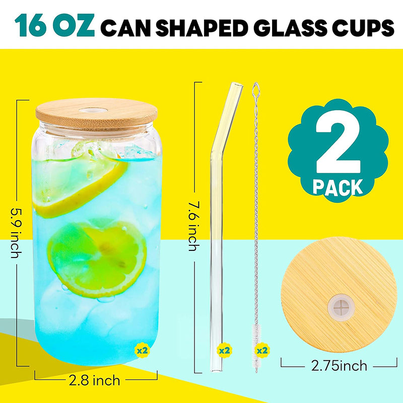16 oz Glass Cups with Bamboo Lids and Straws Reusable Iced Coffee Cup Beer Can Drinking Jars for Smoothie Whiskey Boba Soda Tea