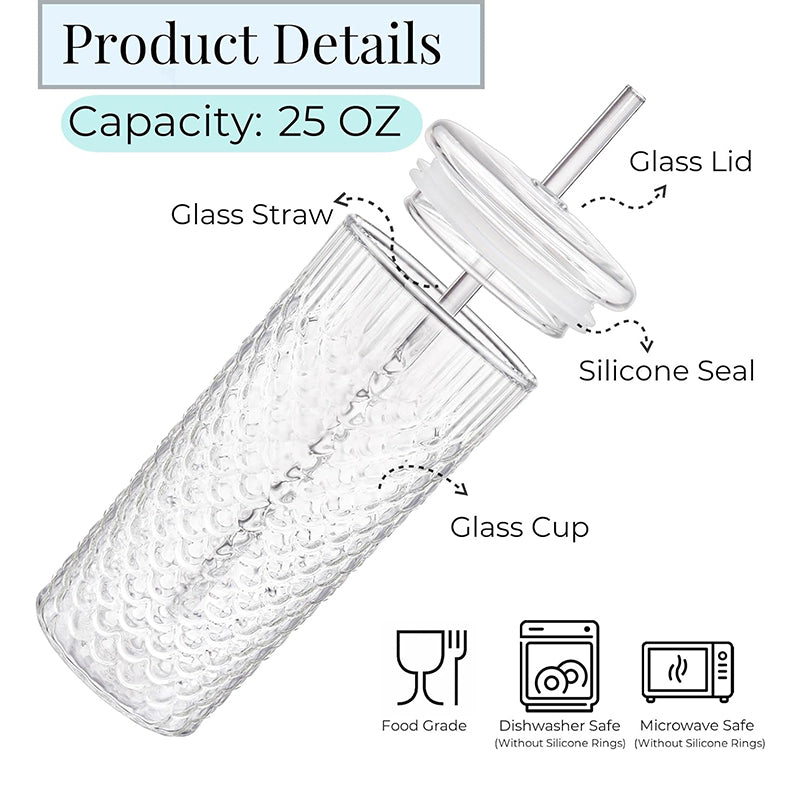 25 OZ 2 Pack Glass Tumbler Cup With Lids and Straws Embossed Fish Scale Glass Travel Mug for Smoothie Bubble Tea Juice Milk Water