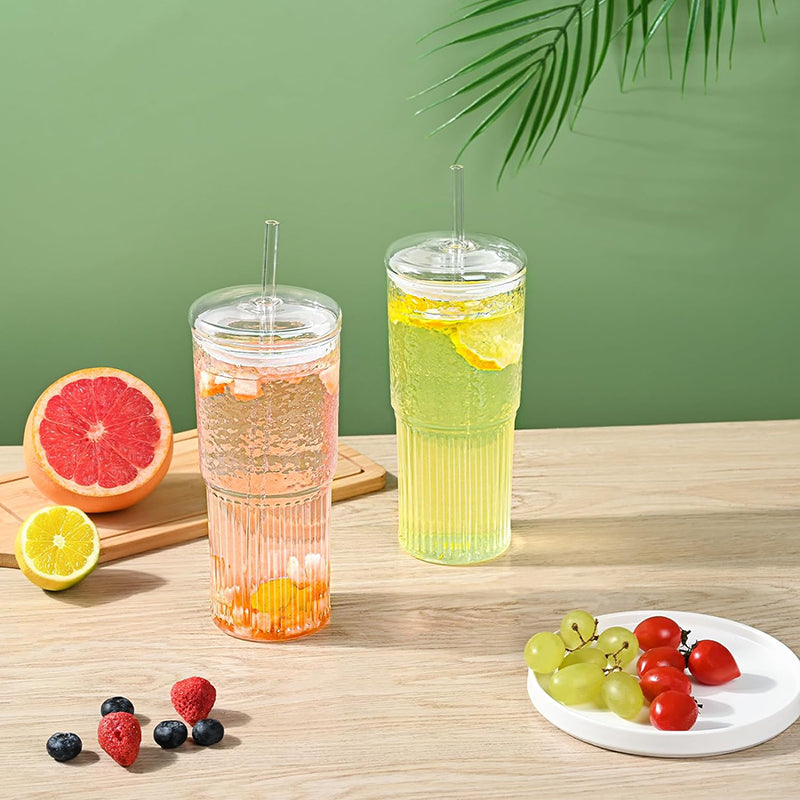 20 oz Glass Tumbler Straw Cup Reusable Wide Mouth Smoothie Cups High Borosilicate Iced Coffee Cup