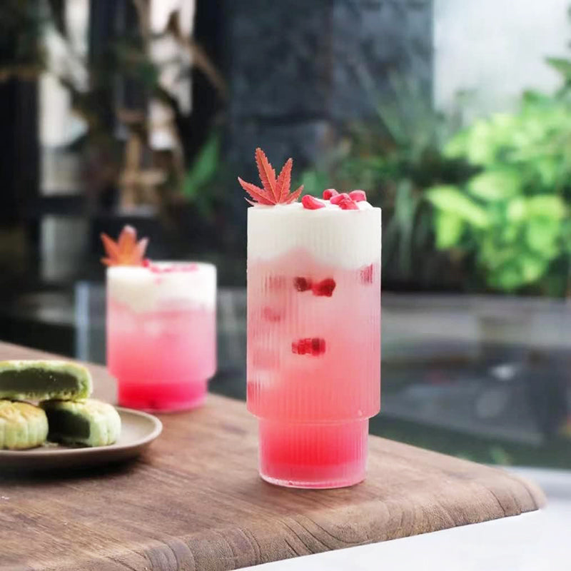 12 oz Ribbed Glassware Drinking Glasses with Straws Set of 4, Iced Coffee Cups Glass Tumbler for Cocktail, Whiskey, Beer, Water