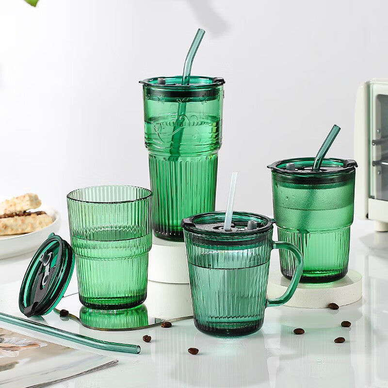 Water Cup Straw Cup Glass Cup With Lid Juice Drink Milk Tea Cup, Office 2 Pieces-Emerald Green-410ml