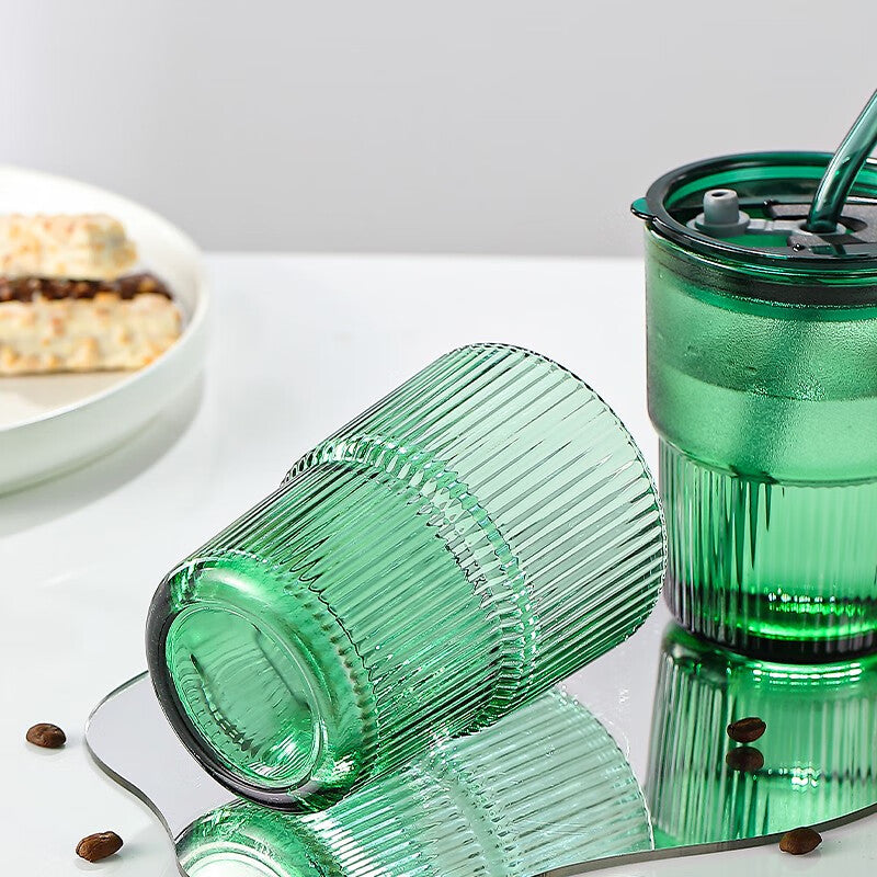 Water Cup Straw Cup Glass Cup With Lid Juice Drink Milk Tea Cup, Office 2 Pieces-Emerald Green-410ml