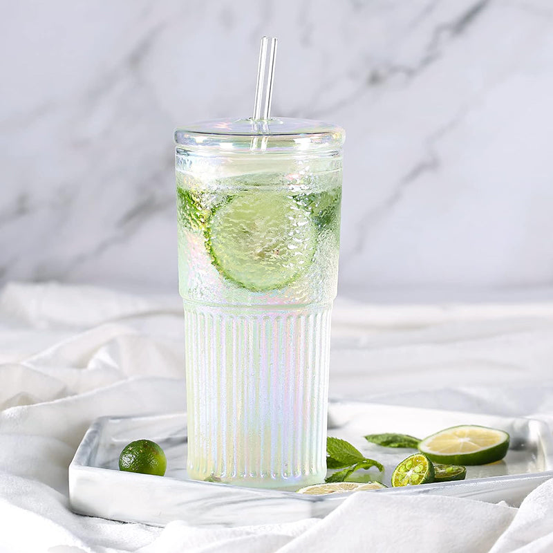 20oz Rainbow Iced Coffee Water Tumbler Straw Cup High Borosilicate Smoothie Glass Cups With Lids and Glass Straws
