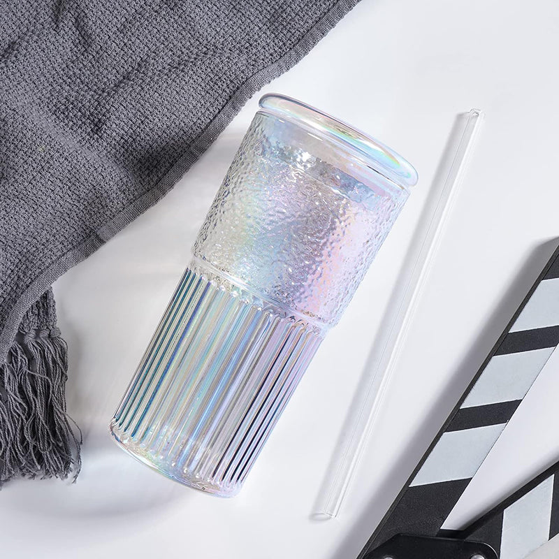 20oz Rainbow Iced Coffee Water Tumbler Straw Cup High Borosilicate Smoothie Glass Cups With Lids and Glass Straws