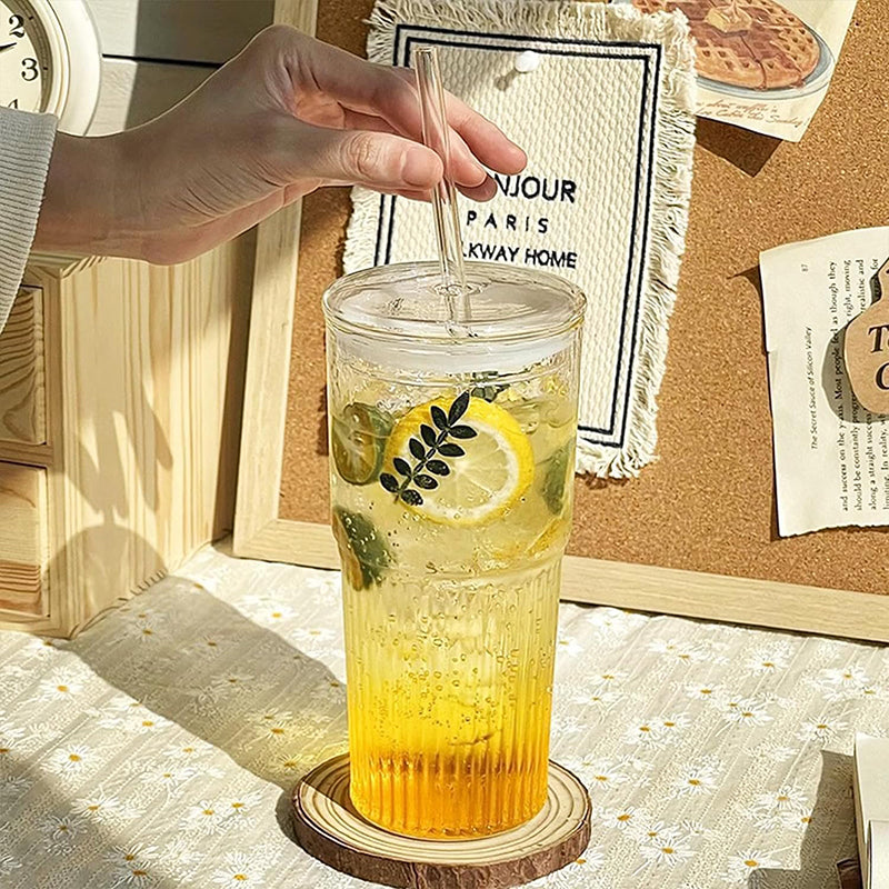 20 oz Glass Tumblers with Lids Smoothie Cup 2-Piece Set, Glass Cups Straw Cup for Water Smoothies Juice Iced Tea Drinks