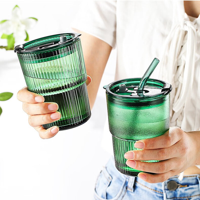 Water Cup Straw Cup Glass Cup With Lid Juice Drink Milk Tea Cup, Office 2 Pieces-Emerald Green-410ml