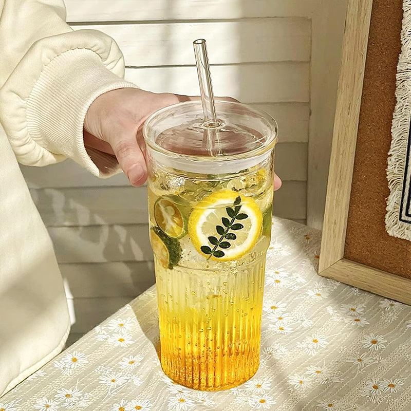 20 oz Glass Tumblers with Lids Smoothie Cup 2-Piece Set, Glass Cups Straw Cup for Water Smoothies Juice Iced Tea Drinks