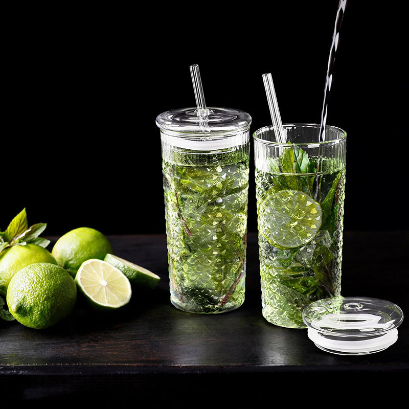 25 OZ 2 Pack Glass Tumbler Cup With Lids and Straws Embossed Fish Scale Glass Travel Mug for Smoothie Bubble Tea Juice Milk Water