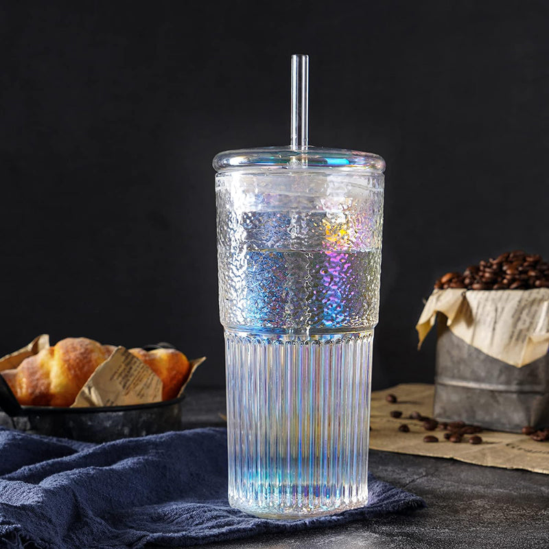 20oz Rainbow Iced Coffee Water Tumbler Straw Cup High Borosilicate Smoothie Glass Cups With Lids and Glass Straws