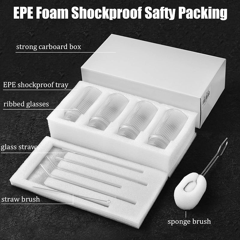 12 oz Ribbed Glassware Drinking Glasses with Straws Set of 4, Iced Coffee Cups Glass Tumbler for Cocktail, Whiskey, Beer, Water