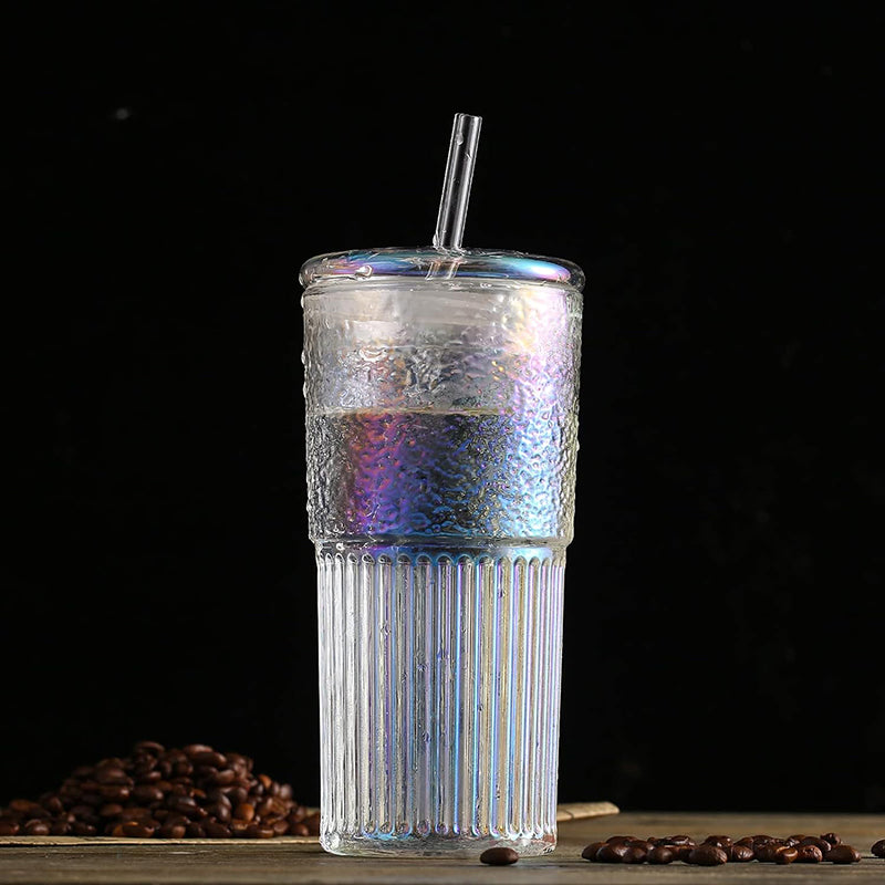 20oz Rainbow Iced Coffee Water Tumbler Straw Cup High Borosilicate Smoothie Glass Cups With Lids and Glass Straws