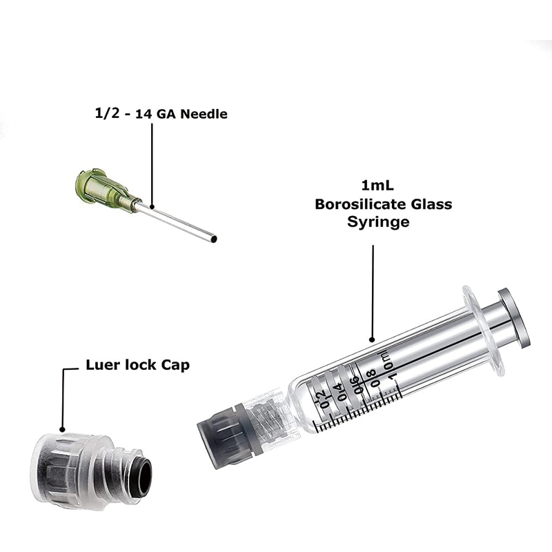 5PCS Borosilicate Glass Luer Lock Syringe, Reusable Glass Syringe, 14 Gauge-1/2" tips needles metal liquid syringe