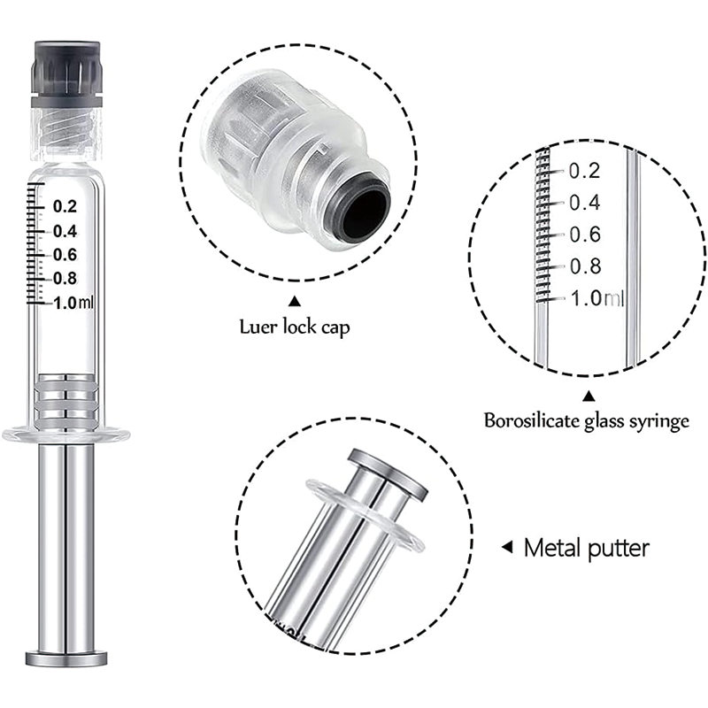 5PCS Borosilicate Glass Luer Lock Syringe, Reusable Glass Syringe, 14 Gauge-1/2" tips needles metal liquid syringe