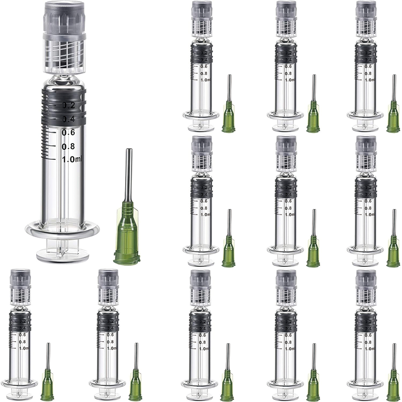 12PCS 1 ml Borosilicate Glass Luer Lock Syringe, Reusable Glass Syringe with 14 Ga Blunt Tip Fill for Art and Craft, Thick Liquid, Oils