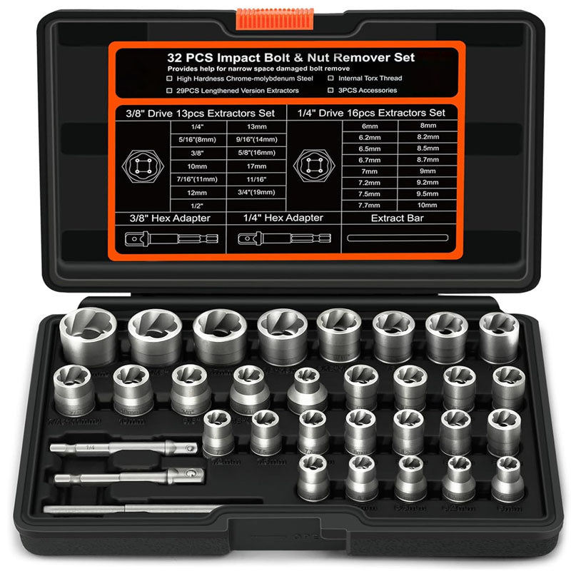 Tap Extractors 32Pcs Impact Bolt & Nut Remover Set for Damaged Frozen Rusted Rounded Broken Bolts Nuts Screws Remove