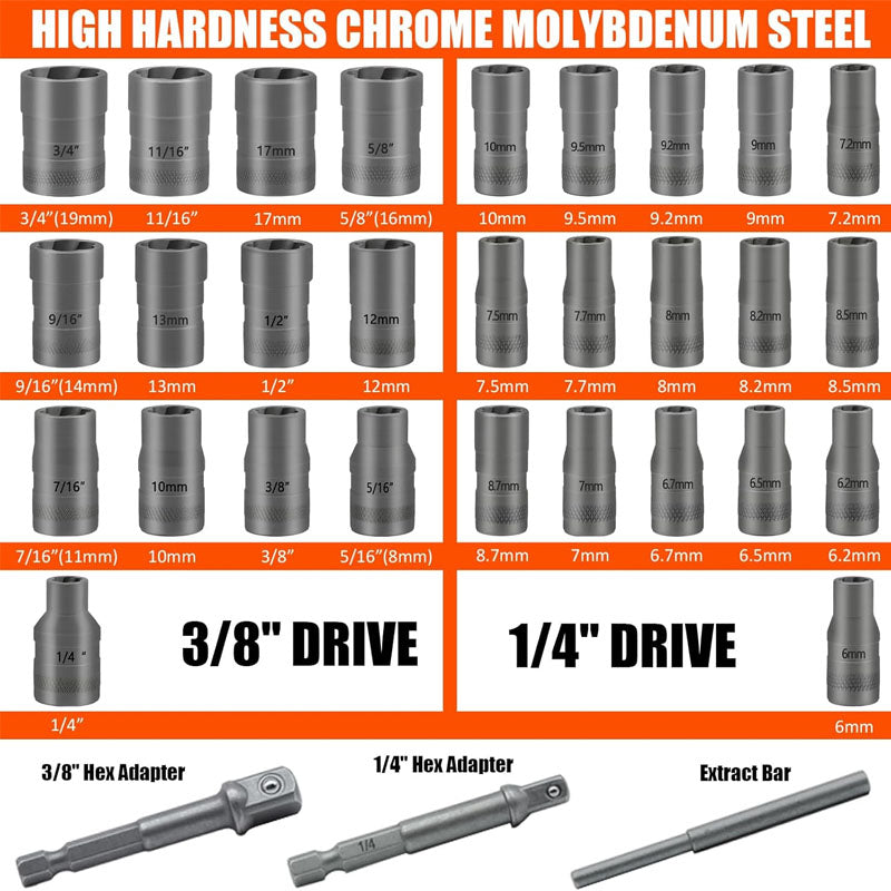 Tap Extractors 32Pcs Impact Bolt & Nut Remover Set for Damaged Frozen Rusted Rounded Broken Bolts Nuts Screws Remove