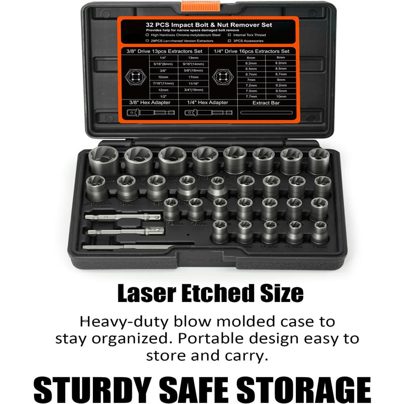 Tap Extractors 32Pcs Impact Bolt & Nut Remover Set for Damaged Frozen Rusted Rounded Broken Bolts Nuts Screws Remove