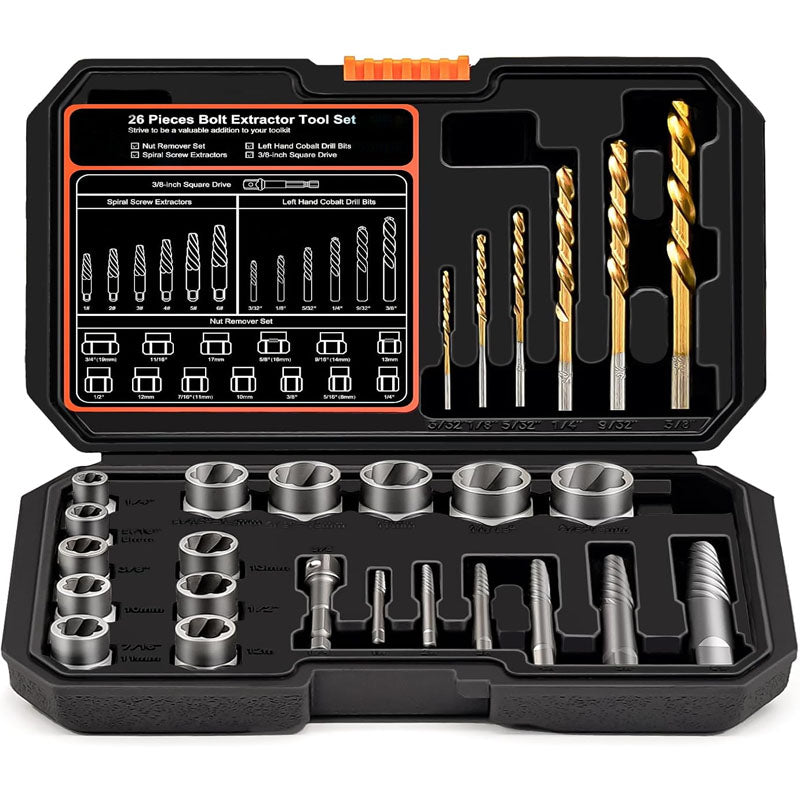 Tap Extractors 26Pcs Bolt Extractor Kit and Left Handed Drill Bit for Damaged Stripped Broken Lug Nut Bolt and Nut Remove with Hex Adapter