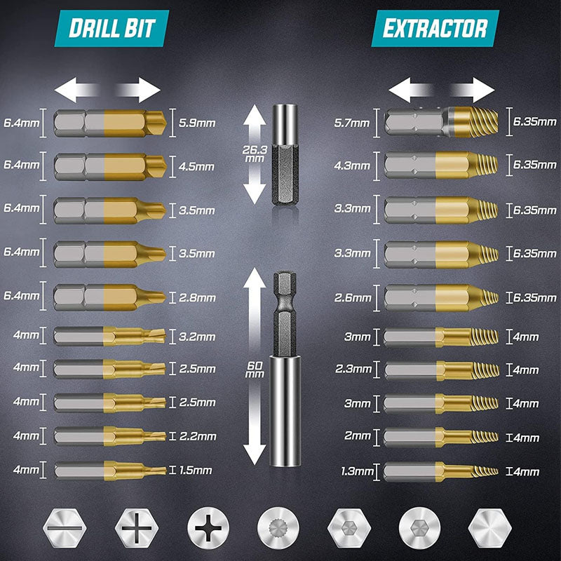 Tap Extractors 22Pcs Titanium Damaged Screw Extractor Set for Easy Removal of Rusty & Broken Hardware High Speed Steel Superb Gift