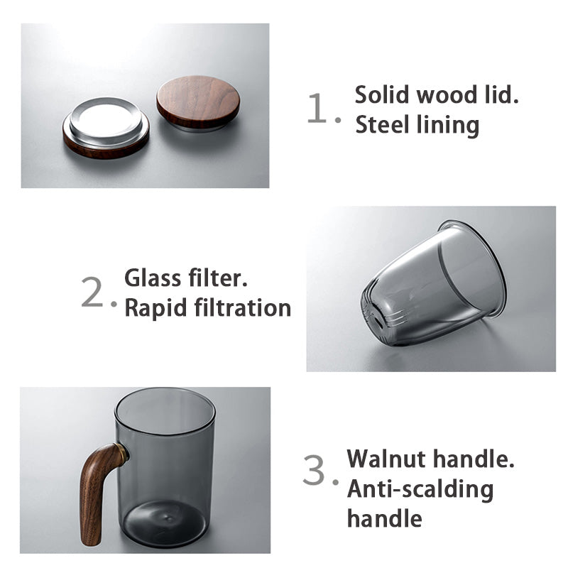 Tea Cup, Glass Tea Cup, Tea And Water Separation Cup, Wooden Handle Tea Cup, Filter Integrated Tea Cup