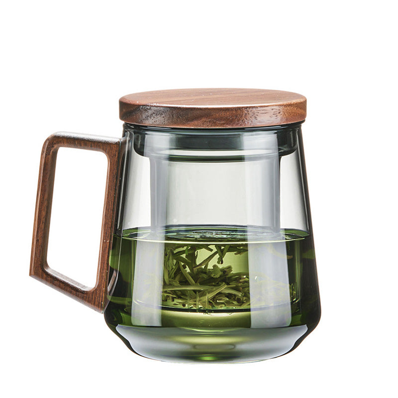 Glass Tea Cup, Side Wood Handle Glass, Green Dull Color Lingkong Tea Cup, Tea And Water Separation, Office Drinking Tea Cup, Scented Tea Cup