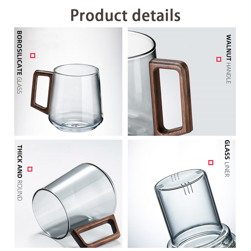 Glass Tea Cup, Side Wood Handle Glass, Green Dull Color Lingkong Tea Cup, Tea And Water Separation, Office Drinking Tea Cup, Scented Tea Cup